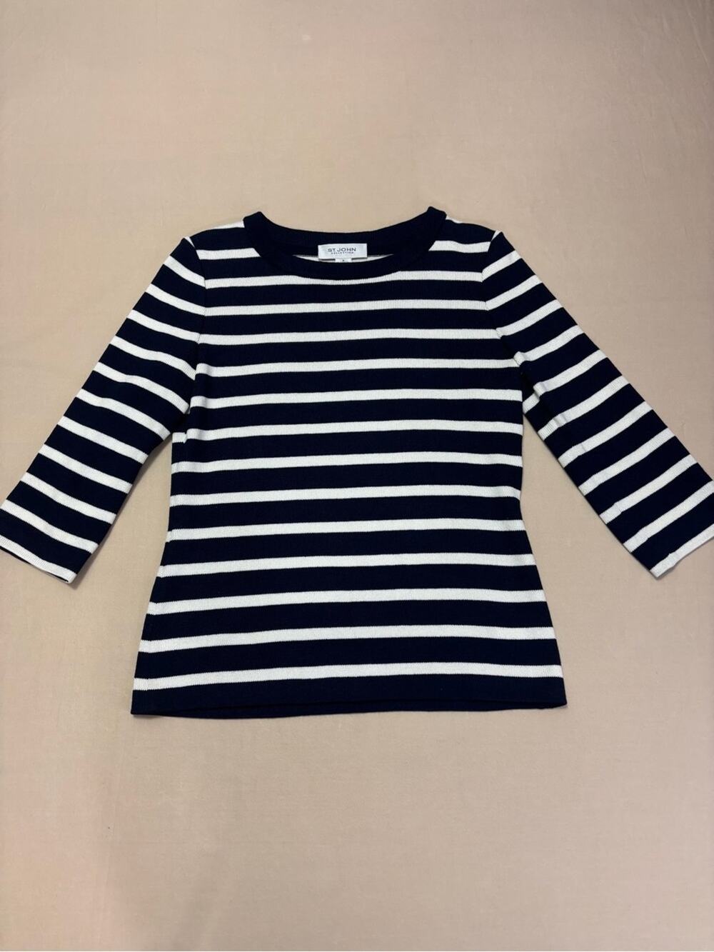 St. John Collection Navy & White Striped Santana Knit 3/4 Sleeve Sweater Size P
